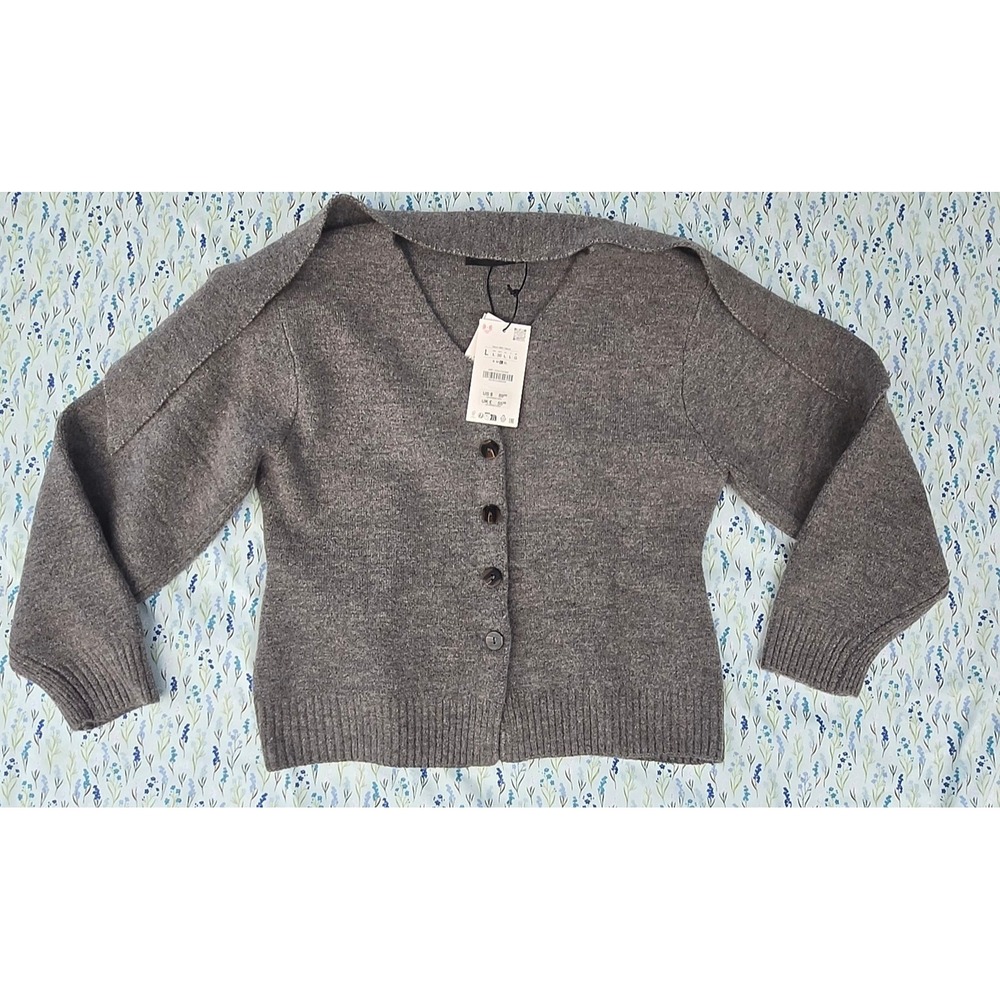 ZARA Women Knit‎ Cardigan Gray V Neck Button Front Long Sleeve Size L